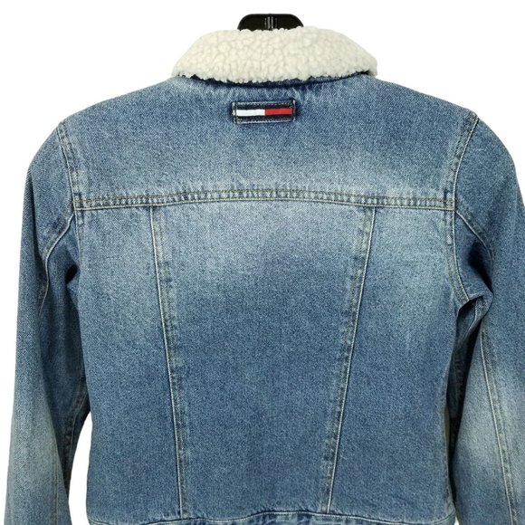 Tommy Hilfiger Kids Vintage Denim Jacket Blue Sz L Faux Sherpa Collar Cuffs Logo - Picture 2 of 13